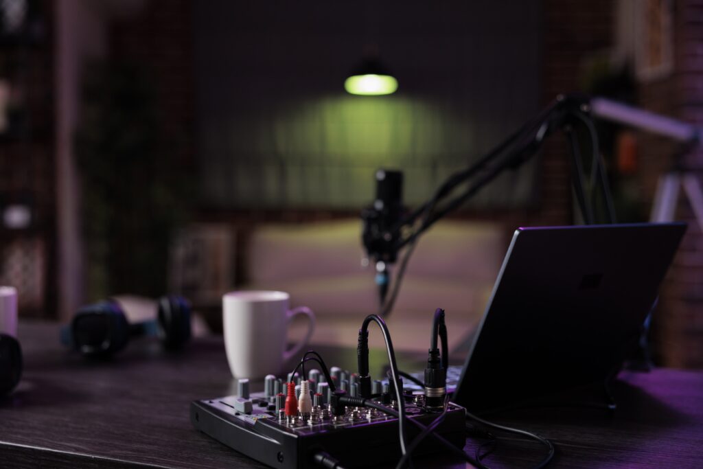 podcast equipment record live talking show home no people living room used online vlogging broadcasting conversation with microphone sound production with acoustic treatment min b0cd1f1c