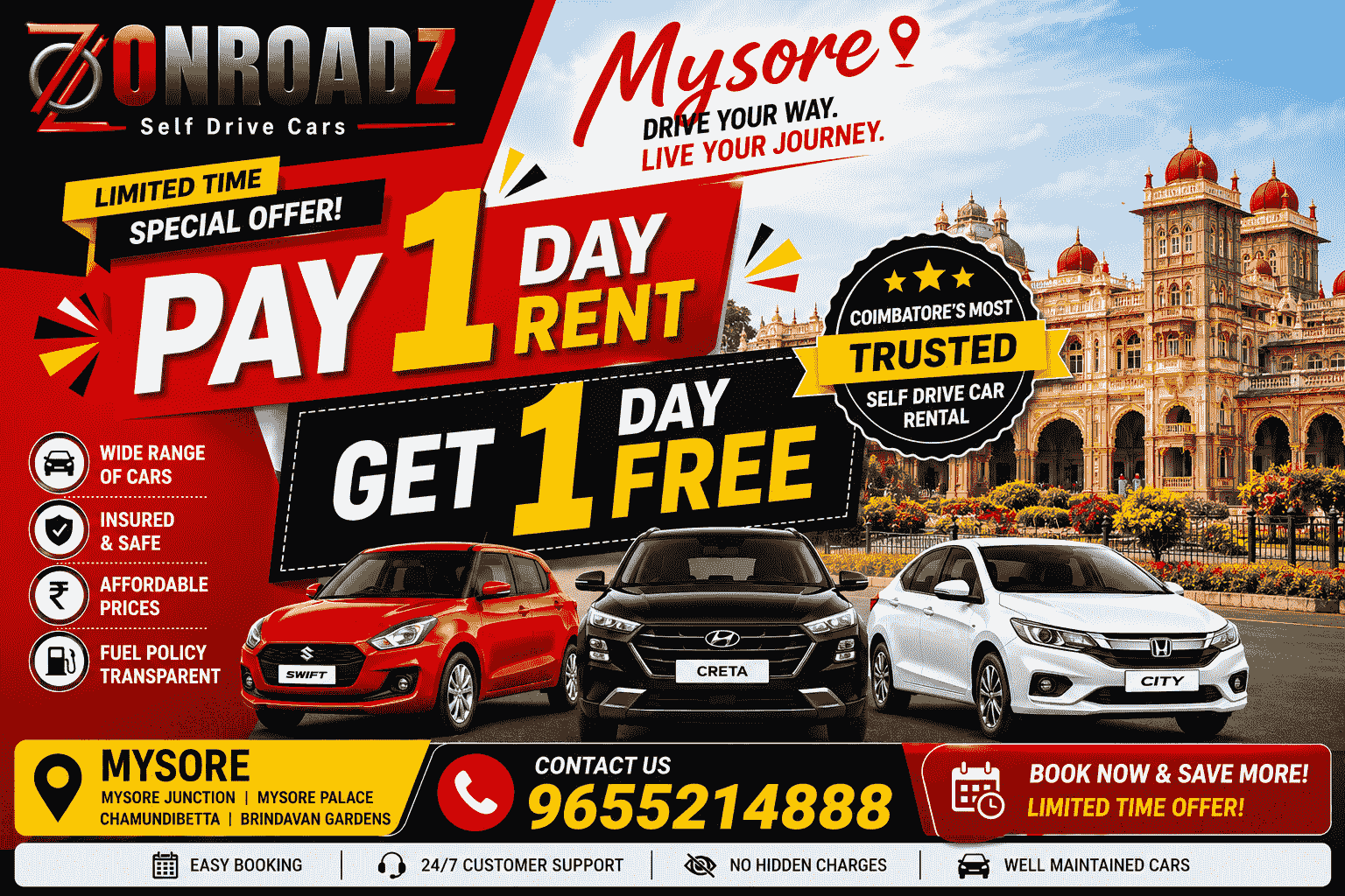 Rental Cars in Mysore | Self Drive Cars | Onroadz