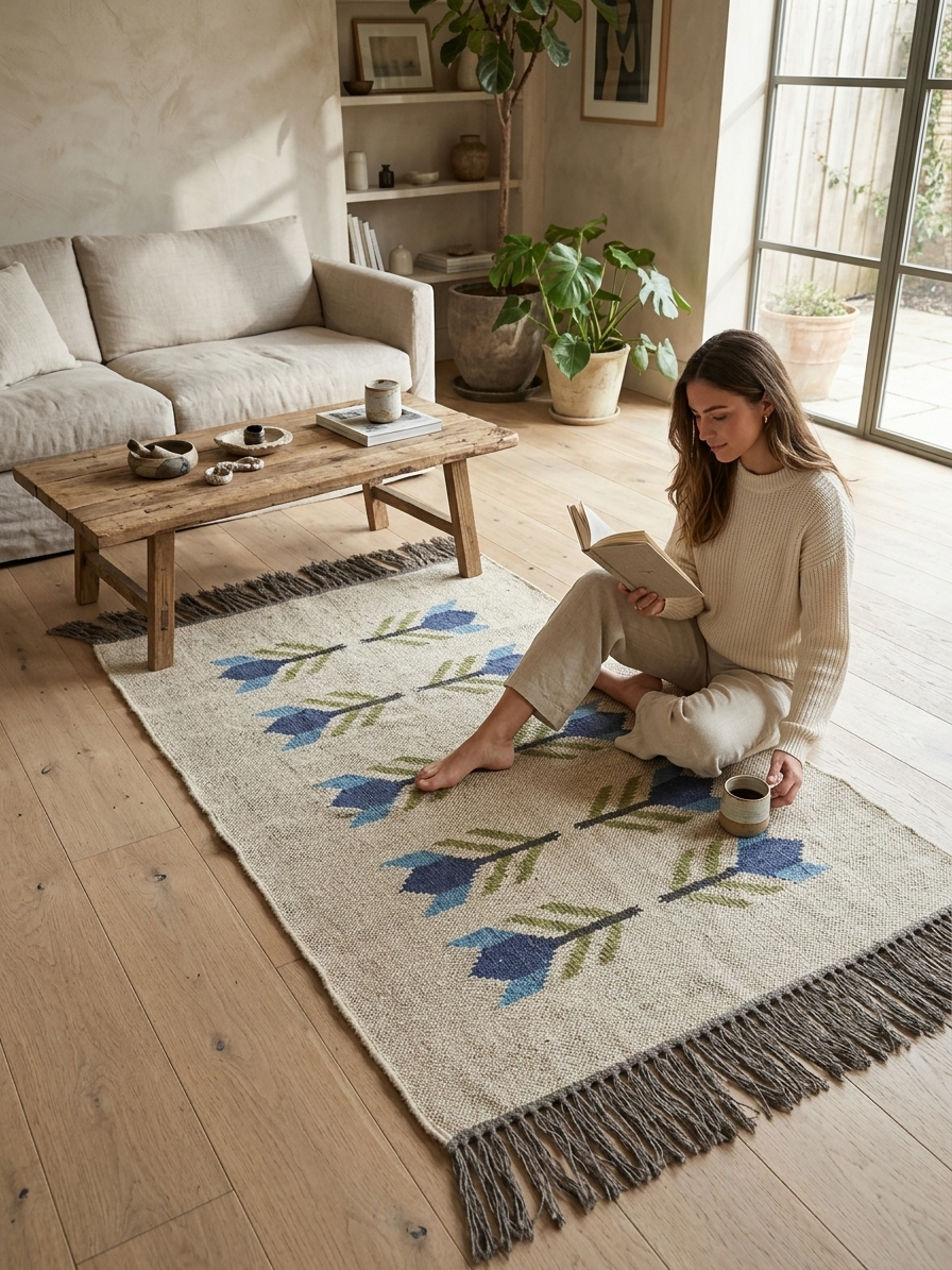 Boho Area Rug | Minimalist Blue Arrow Feather Kilim